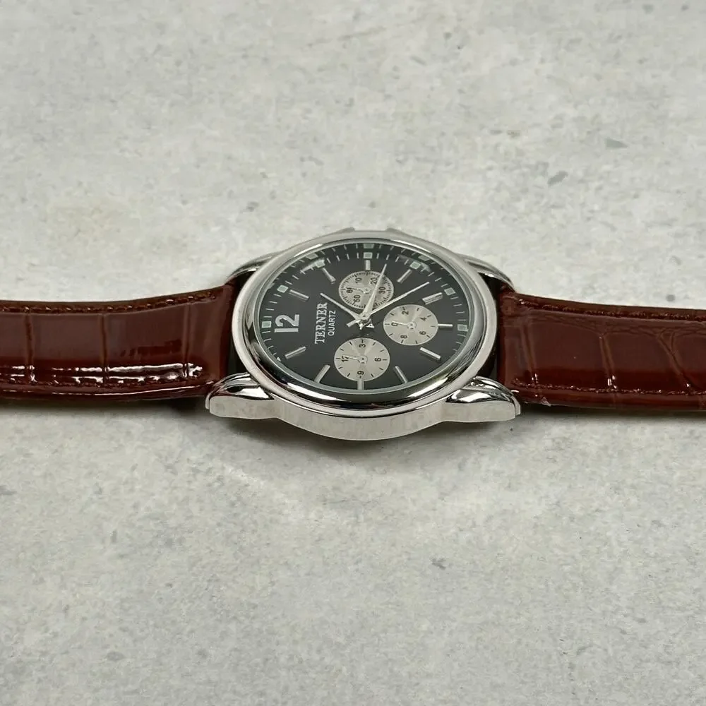 Bijous Terner Watch Mens 35mm Silver Tone Brown Leather Band New Battery